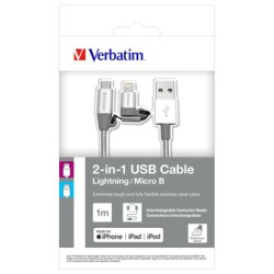 Verbatim USB kabel (2.0), USB A M - microUSB (M) + Apple Lightning (M), 1m, srebrny, box, 48869, 2 w 1 - regulowane złącze Lig