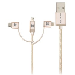 Promate USB kabel (2.0), USB A M - microUSB (M) + Apple Lightning (M) + USB C (M), 1.2m, okrągły, złoty, Oplot, Trio