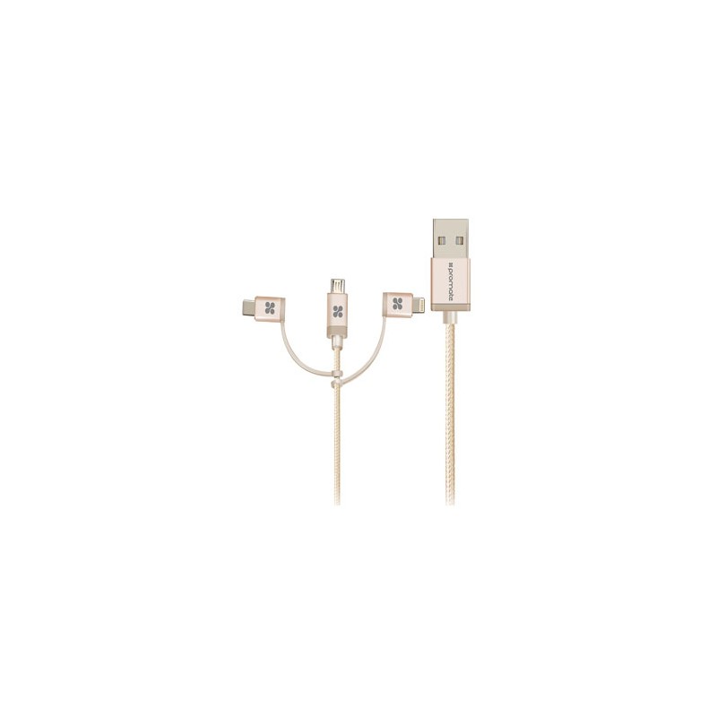 Promate USB kabel (2.0), USB A M - microUSB (M) + Apple Lightning (M) + USB C (M), 1.2m, okrągły, złoty, Oplot, Trio