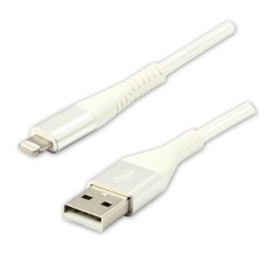 Logo USB kabel (2.0), USB A M - Apple Lightning M, 1m, MFi certifikat, 5V/2,4A, biały, box, oplot nylonowy, aluminiowa osłona 