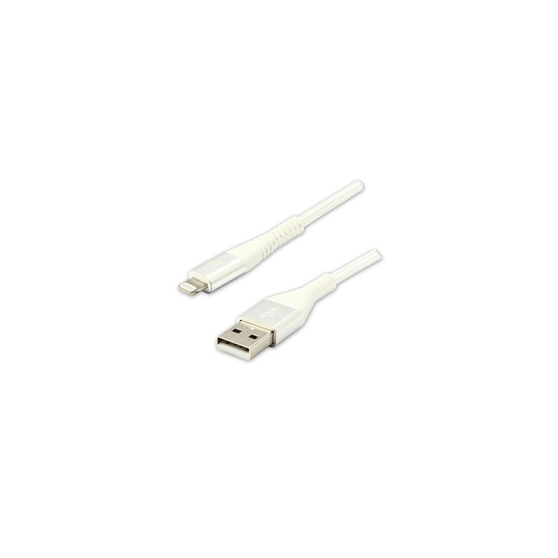 Logo USB kabel (2.0), USB A M - Apple Lightning M, 1m, MFi certifikat, 5V/2,4A, biały, box, oplot nylonowy, aluminiowa osłona 