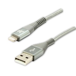 Logo USB kabel (2.0), USB A M - Apple Lightning M, 2m, MFi certifikat, 5V/2,4A, srebrny, box, oplot nylonowy, aluminiowa osłona
