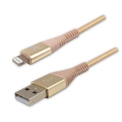 Logo USB kabel (2.0), USB A M - Apple Lightning M, 2m, MFi certifikat, 5V/2,4A, złoty, box, oplot nylonowy, aluminiowa osłona 