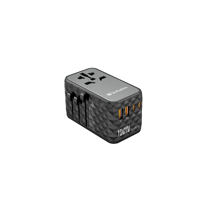 Uniwersalny adapter podróżny World-to-World UTA-06 Verbatim, 2x USB-C PD, QC 4+,  2x USB-A QC 3.0, czarny, 100 W