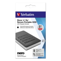Verbatim zewnętrzny dysk twardy, Store N Go Secure Portable, 2.5", USB 3.0 (3.2 Gen 1), 2TB, 53403, czarny, szyfrowany, z klaw