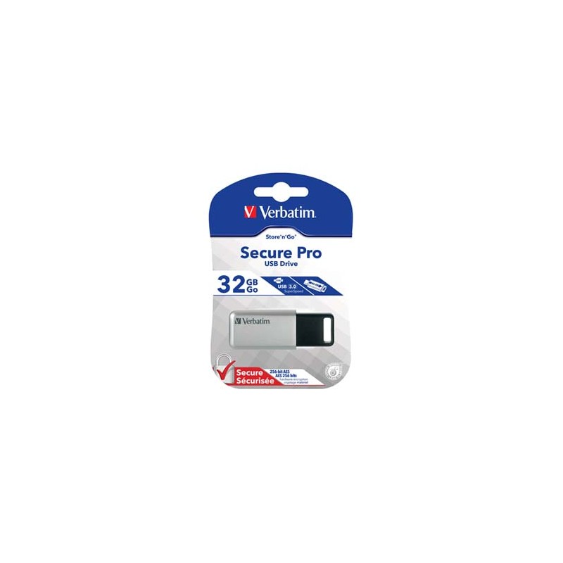 Verbatim USB flash disk, USB 3.0, 32GB, Secure Pro, Store N Go, srebrny, 98665, USB A, szyfrowanie AES 256-bit, EOL