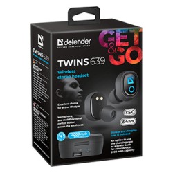 Defender Twins 639 słuchawki z mikrofonem, bezprzewodowa, czarna, douszne, BT 5.0, TWS, etui z ładowarką i powerbankiem typ blue